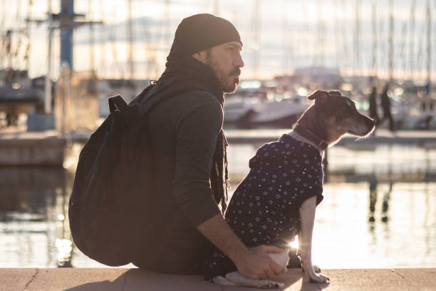 man with his dog sitting on the harbor looking at the horizon. selective focus.